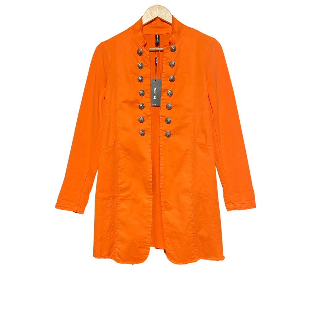 Venti6 Italy Long Sgt Pepper Military Style Jacket Orange Open Front Button XS